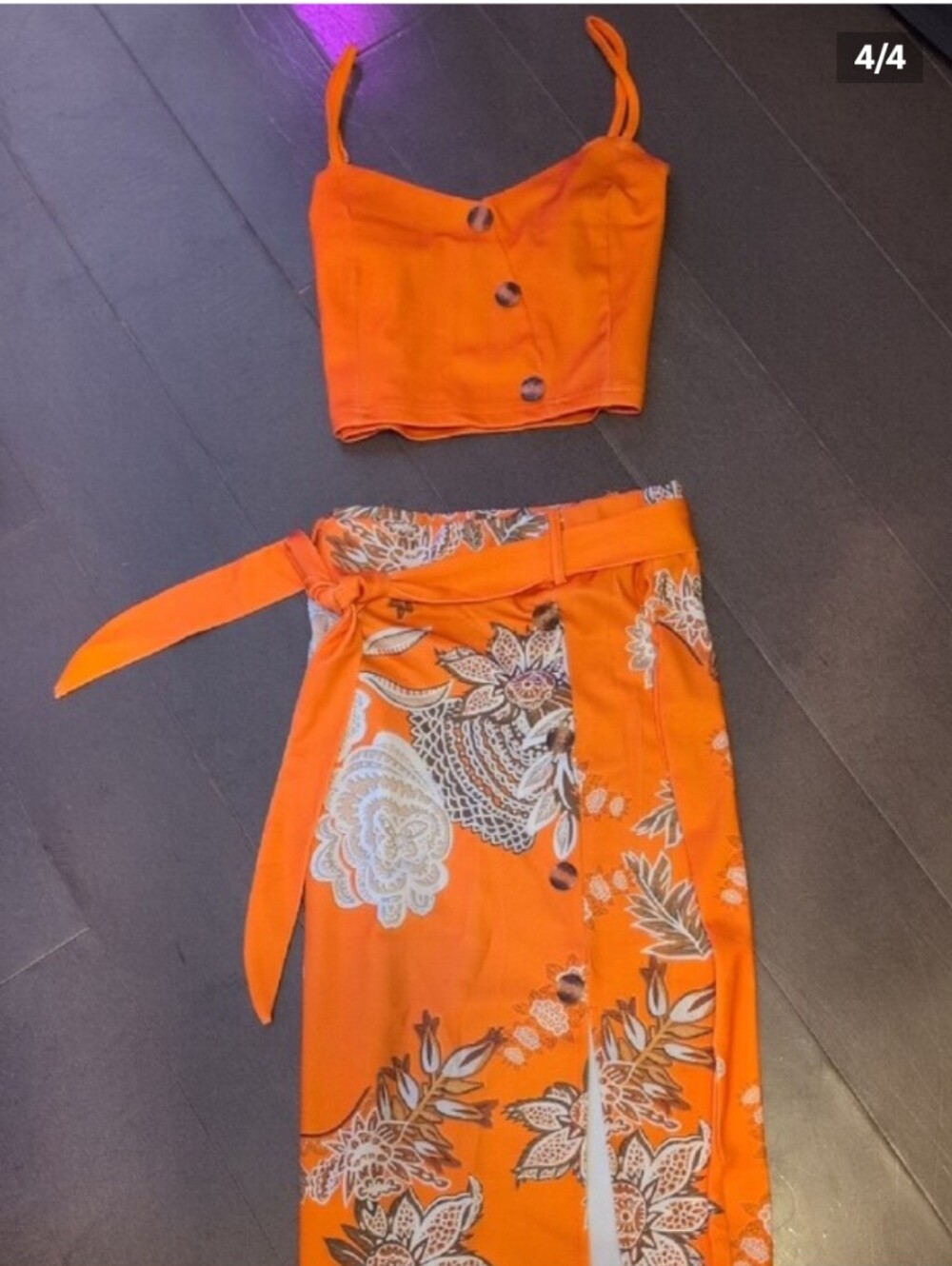 H&M Orange Floral High Waisted Pencil Skirt With Slit & Matching Crop Top